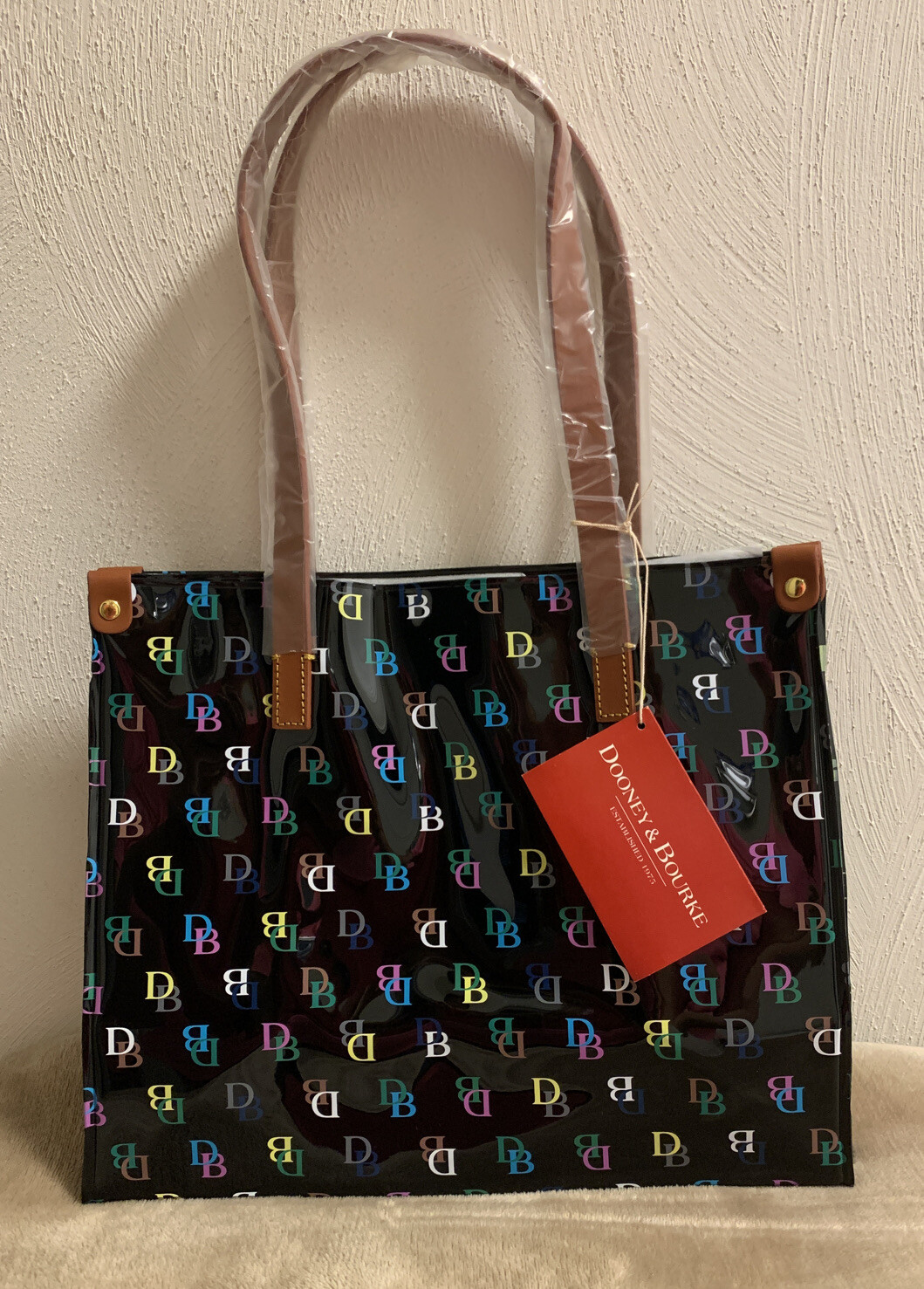 Dooney & Bourke IT Black Multi BD Logo Medium Shopper Work Privacy Tote Bag New