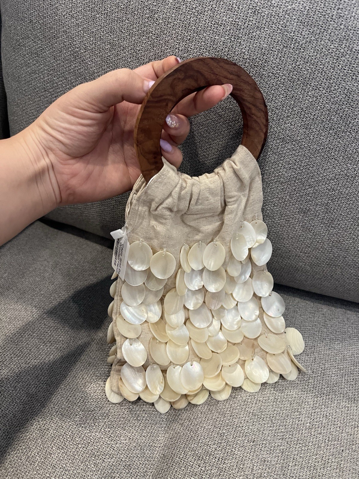 New Beige Linen Sea Shell Handmade Linen Capiz Shell Purse with Wood Handle