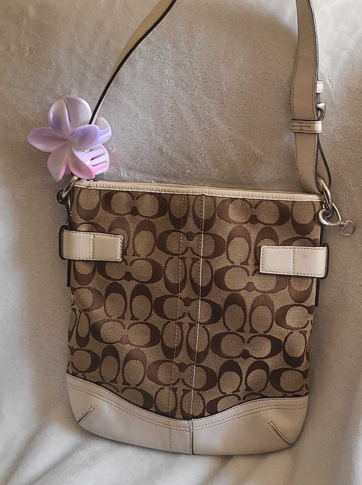 Coach Signature Brown Beige Shoulder Bag with White Leather Trim