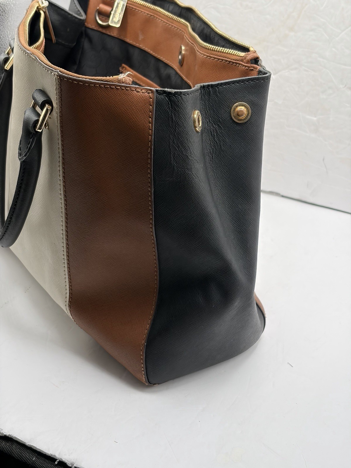 Michael Kors Sutton Large Center Strip Satchel Bag Color Block White Brown Black