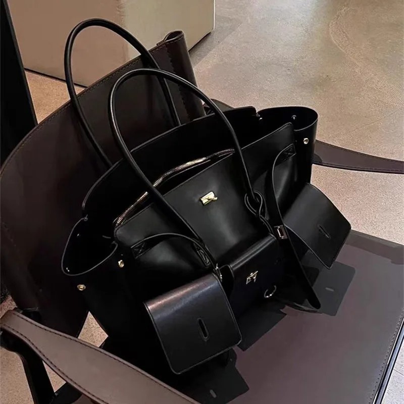 Oversized Multi Pocket Leather Tote Bag Black Utility Shoulder Travel Purse