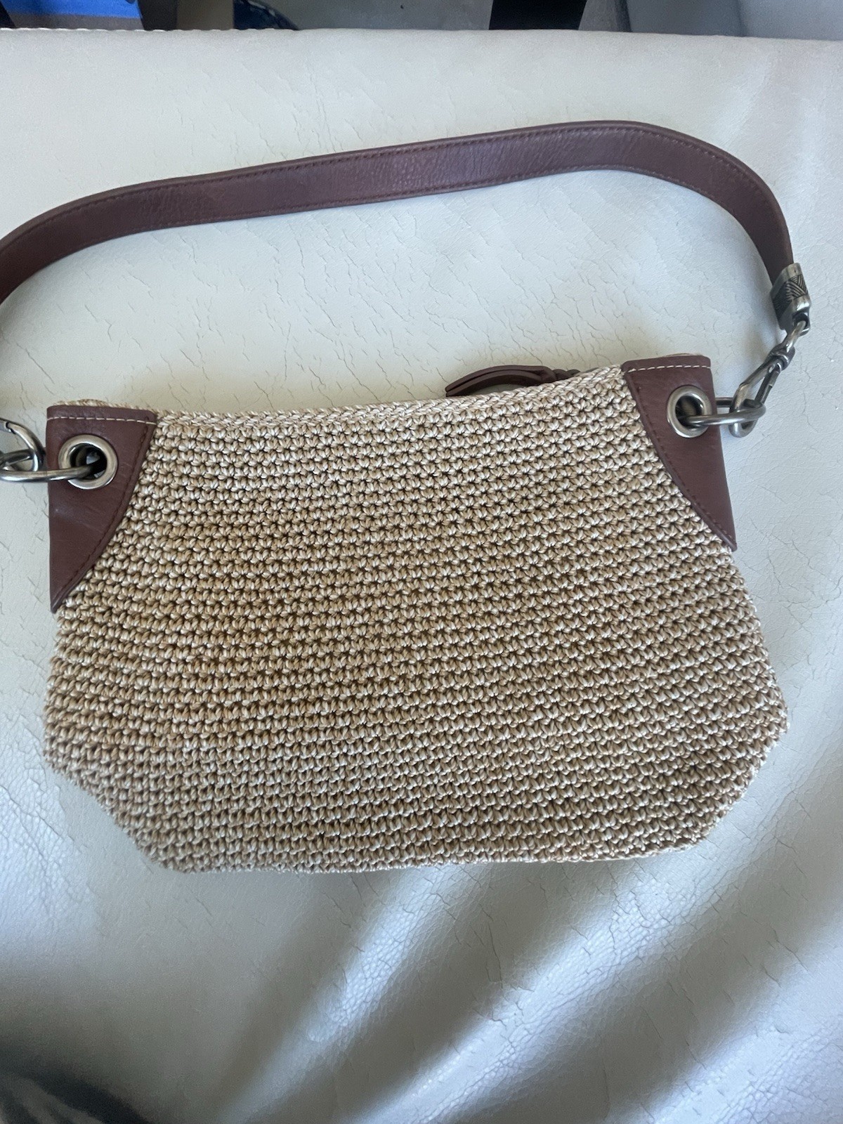 The Sak Indio Beige Crochet & Leather Shoulder Bag with Metal Hardware 9×8