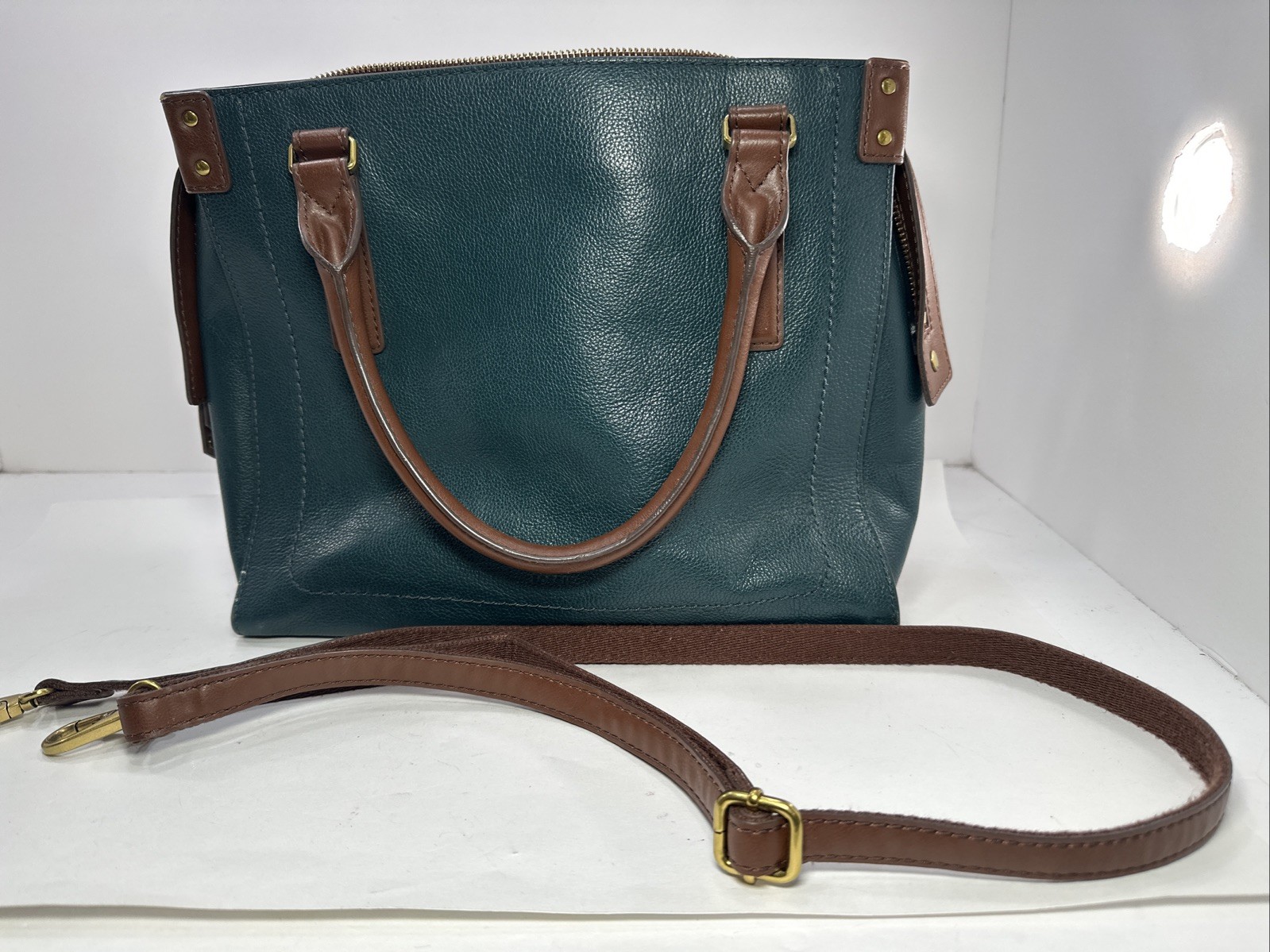 FOSSIL Claire Satchel Blue Brown Handbag Leather Zipper Double Handles Excellent
