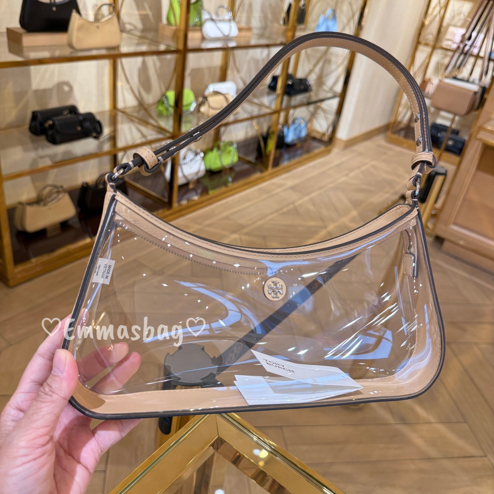 Tory Burch Rory Clear Shoulder Bag 180275 Brushed Almond $450