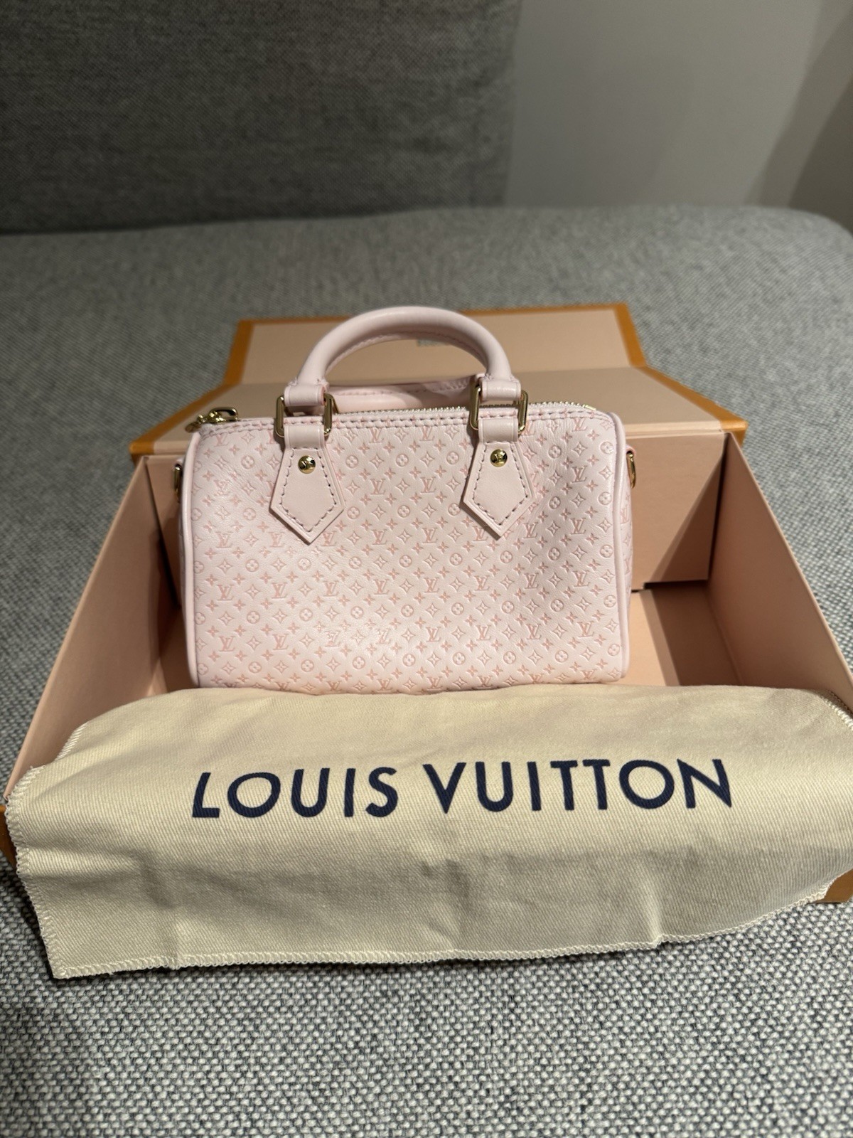 Louis Vuitton Nano Speedy Light Bliss Zip Bag w/ Strap, Dust Bag, and Box