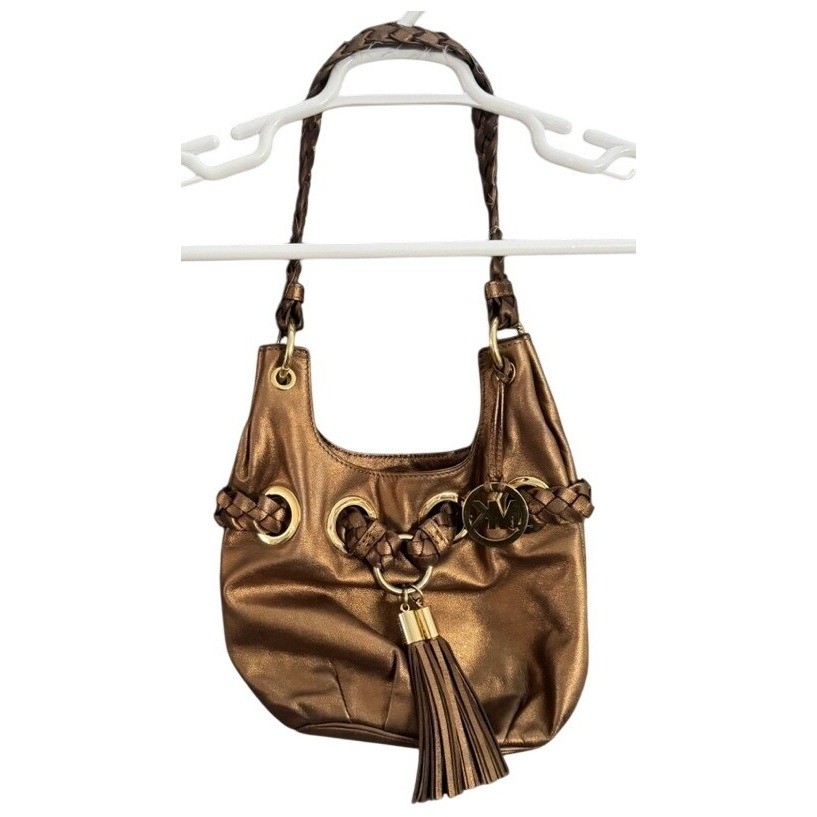 Michael Kors Metallic Bronze Leather Braided Tassel Hobo Shoulder Bag Gold Logo