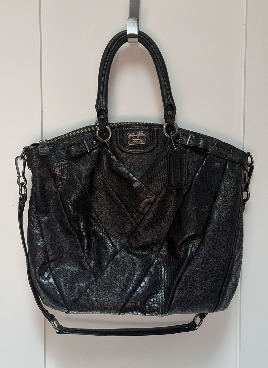 Coach LARGE F21318 Madison Lindsey Black Diagonal Mixed Exotic Leather Satchel