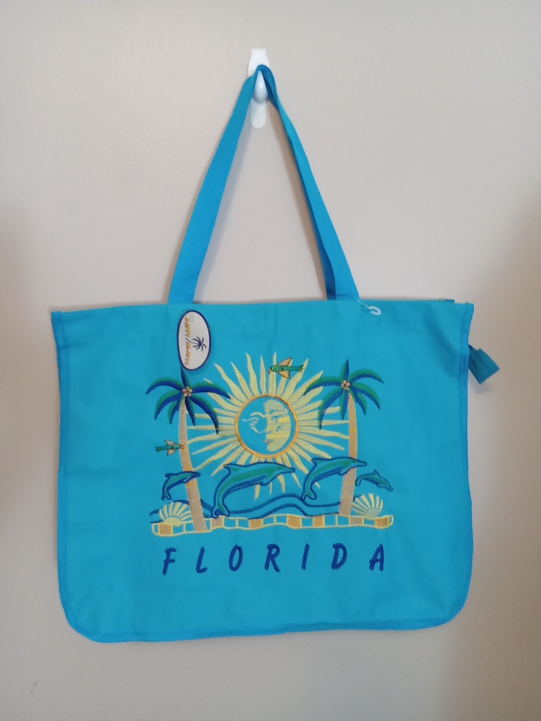 Happy Island Teal Blue Embroidery Florida Dolphins Palm Trees Canvas Bag 20x15x4