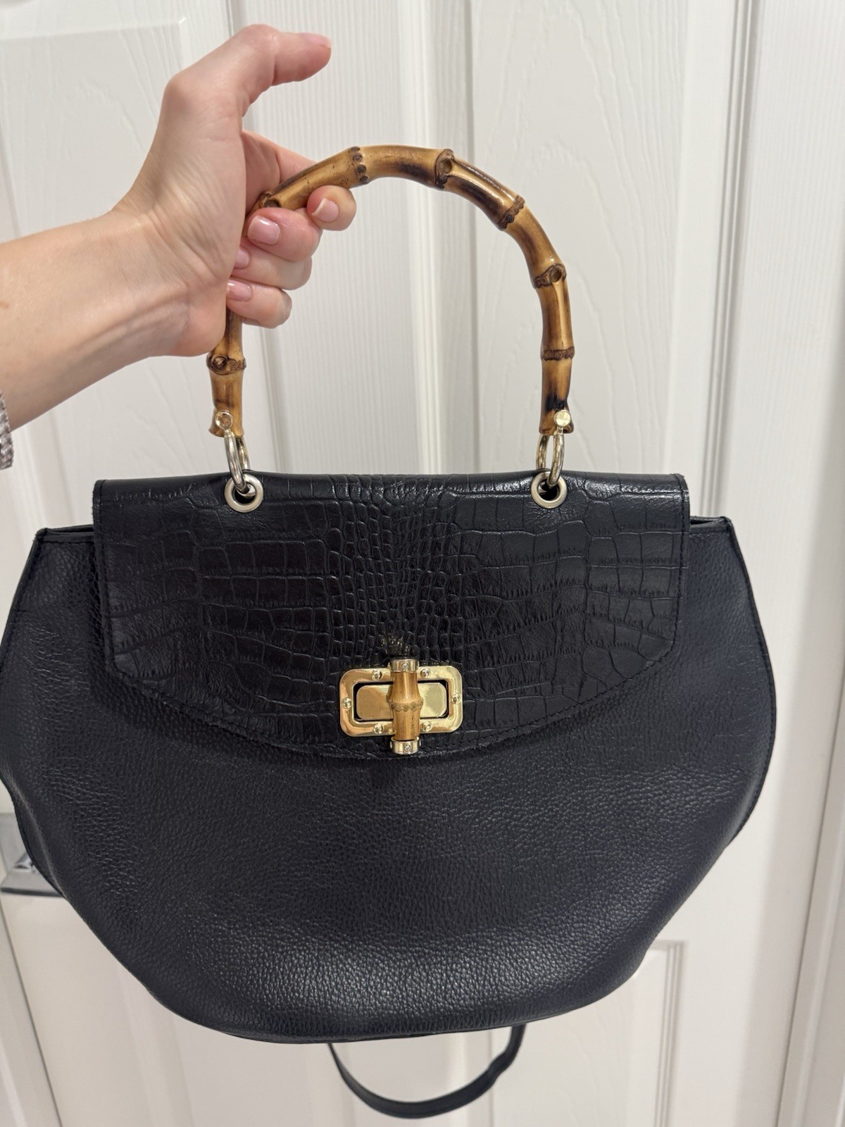 Large Black Croc Embossed Leather Bamboo Top Handle Turn Lock Crossbody Satchel