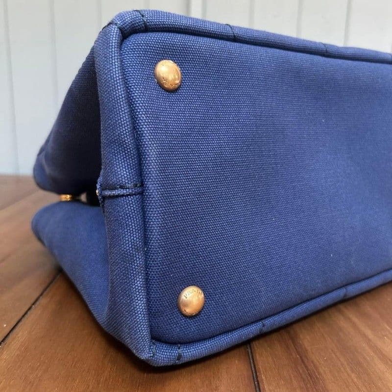 PRADA Canapa Tote Bag Navy Canvas Handbag Shoulder Strap Included Triangle Logo