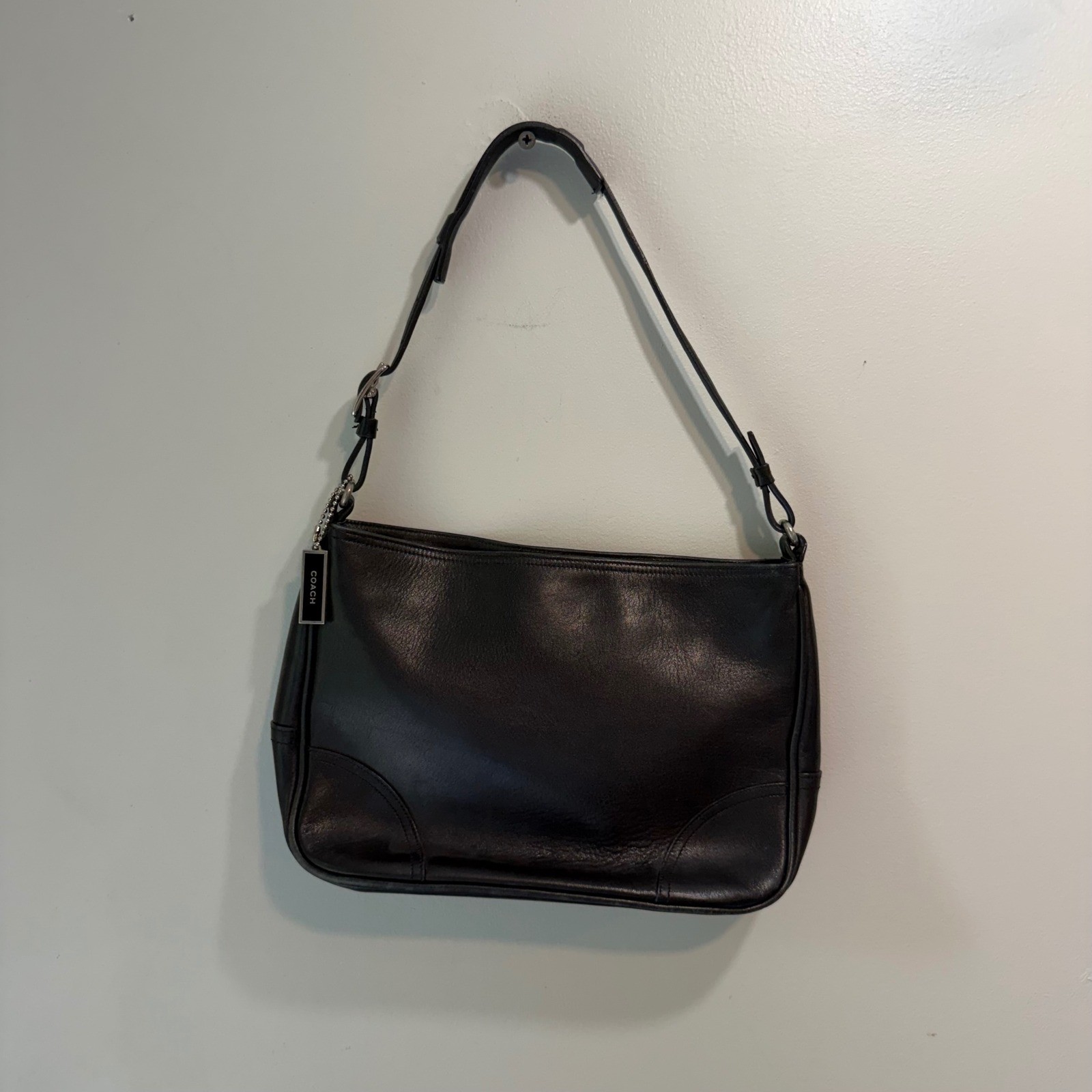 Coach Black Leather Shoulder Bag Silver Hardware Blue Lining Minimalist Hobo