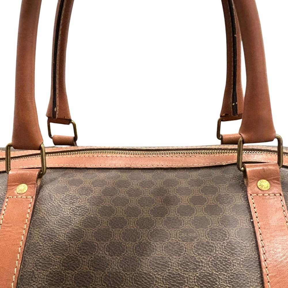Auth CELINE Macadam Boston Bag Brown Leather Canvas Travel Gold w/Shoulder Strap