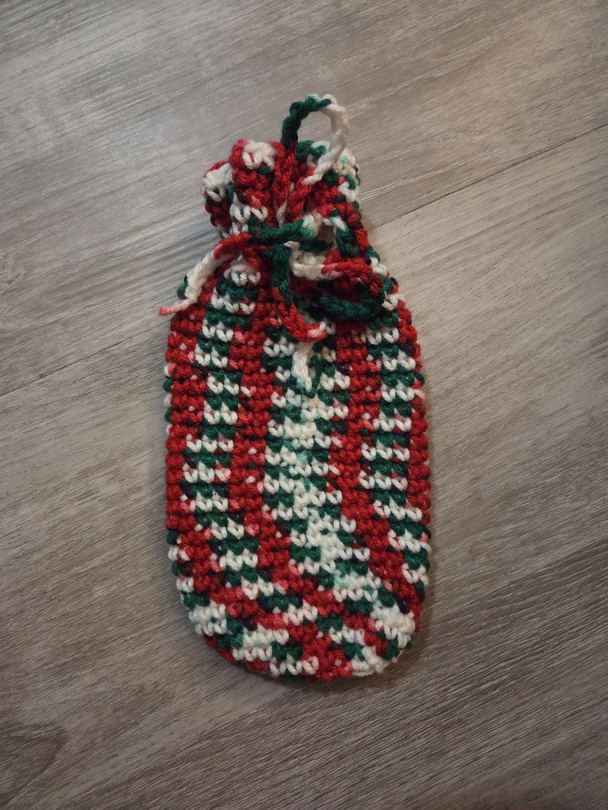 Handmade Crochet Drawstring Pouch Bag Red Green White Christmas