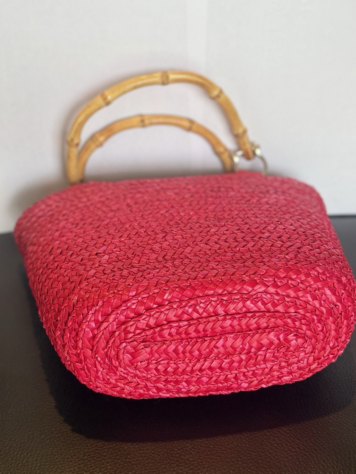 Vintage St. John’s Bay Hot Pink Woven Straw Basket Bag Bamboo Handles Y2K Summer