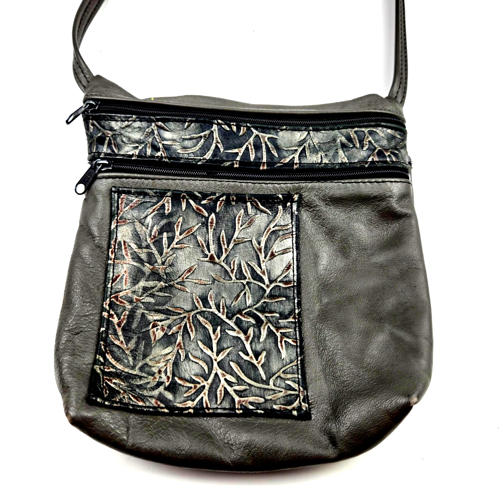 Gray Genuine Leather Floral Embossed Multi Pocket Crossbody Bag Boho