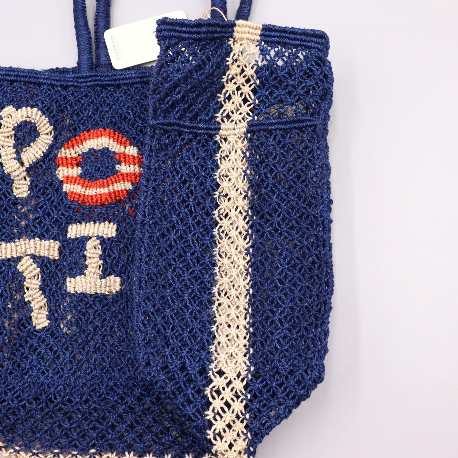 The Jacksons London Pool Time Jute Tote Bag Navy Blue Woven Beach Bag NEW