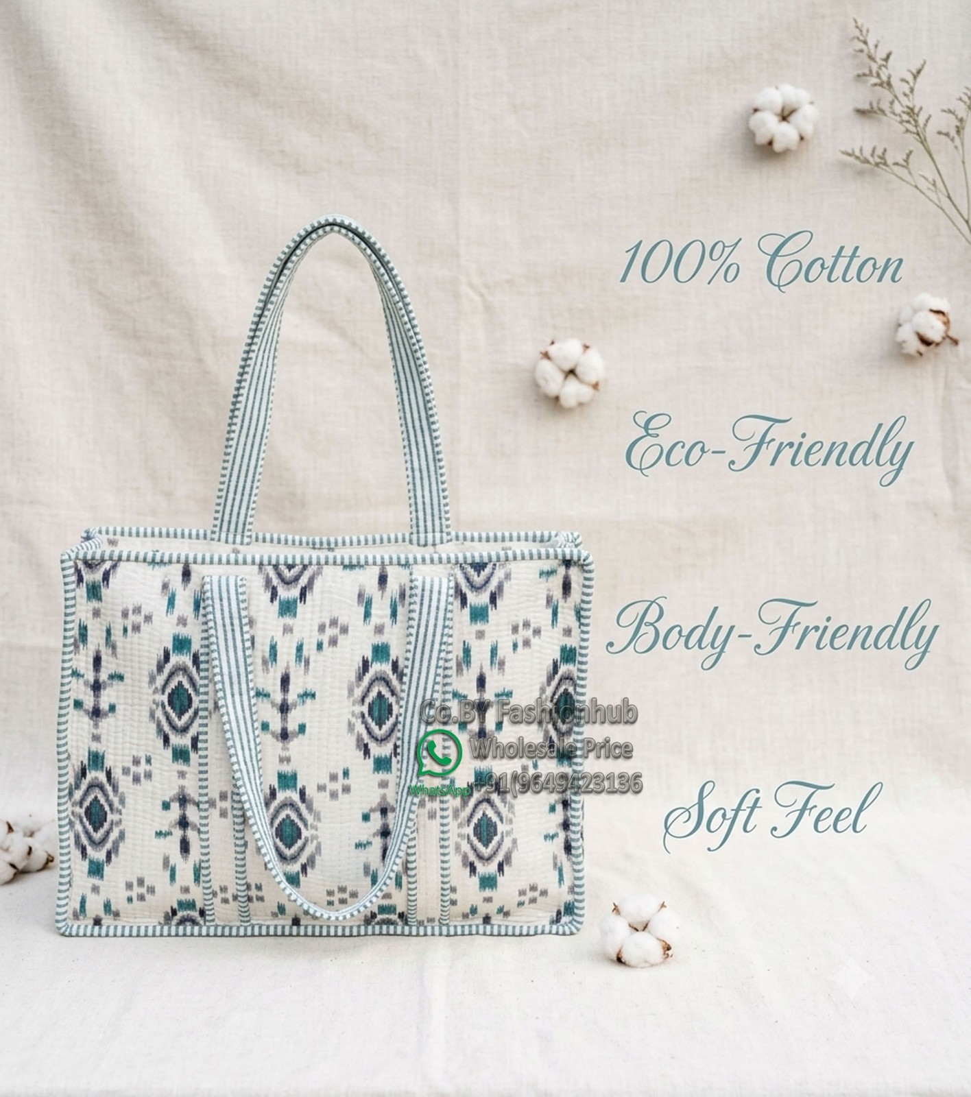 Handmade Quilted Ikat Tote Bag Geometric Cotton Handbag Vintage Bohemian Bags