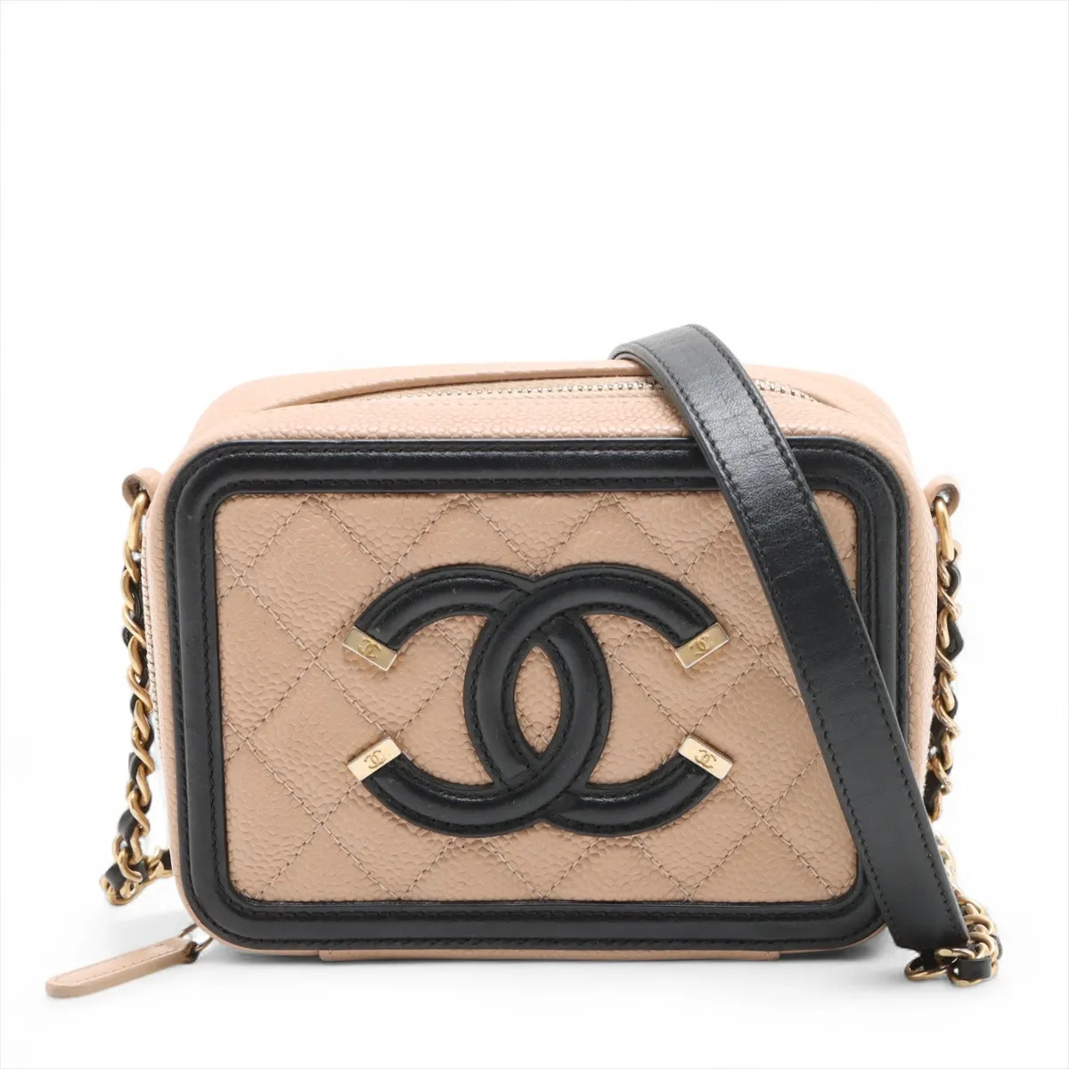 Chanel CC Filigree Grained Calfskin Chain Shoulder Bag Beige x black Gold Metal