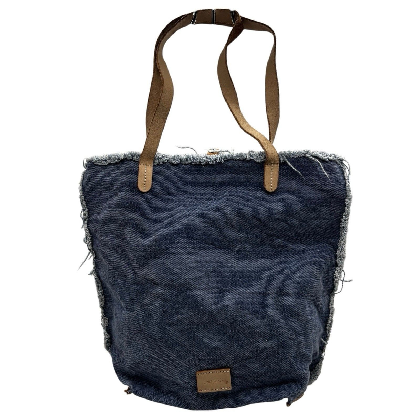 Graf Lantz Hana Canvas Boat Bag Tote Bag Medium Beach Bag Frayed Raw Edge Blue