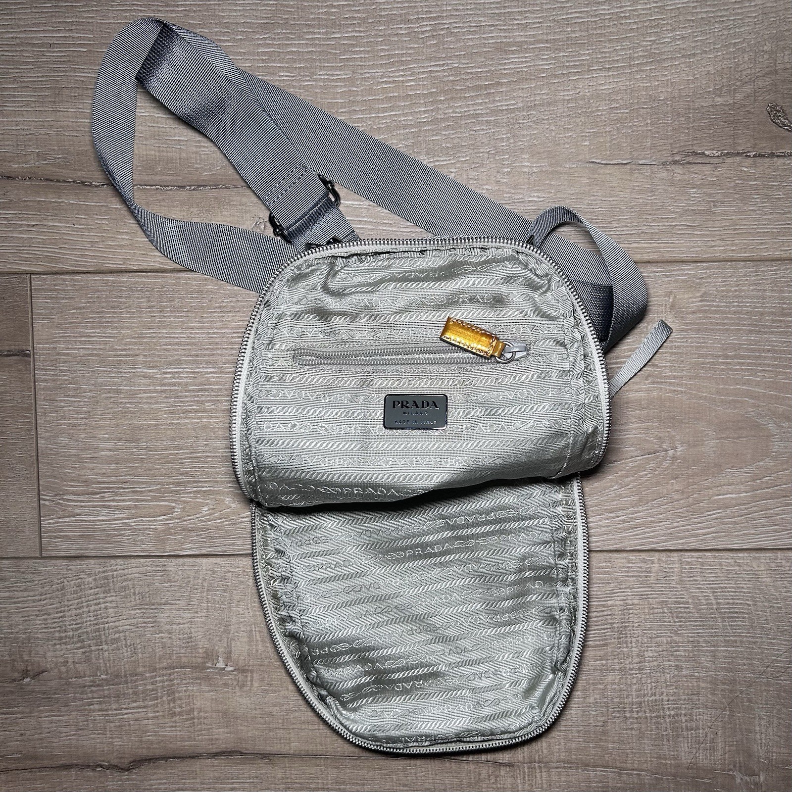 Prada Silver Metallic Tech Sling Crossbody Bag Non Prada Replacement Strap