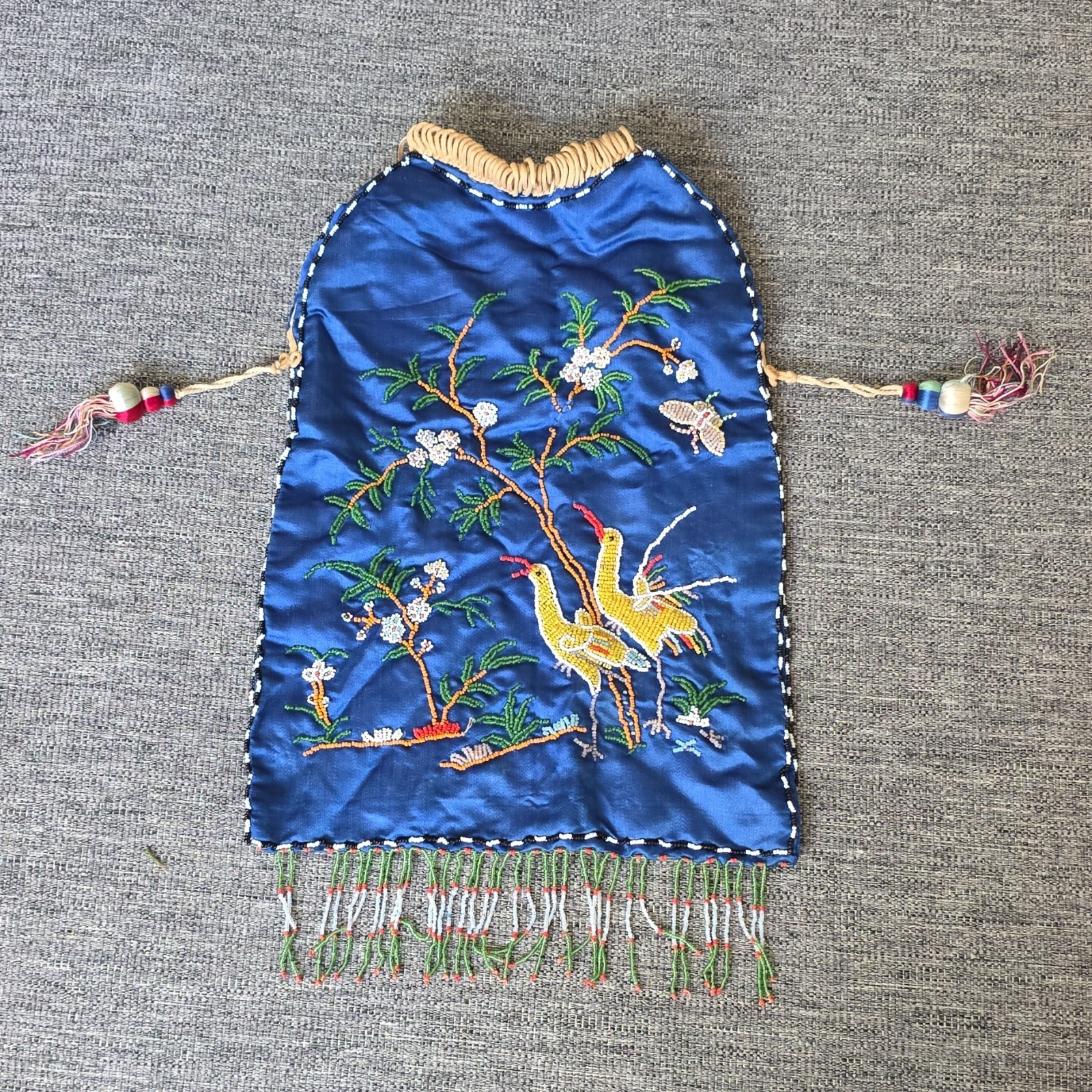 Blue Women’s Drawstring Pouch, Hand Embroidered Floral Birds, Beaded Tassel