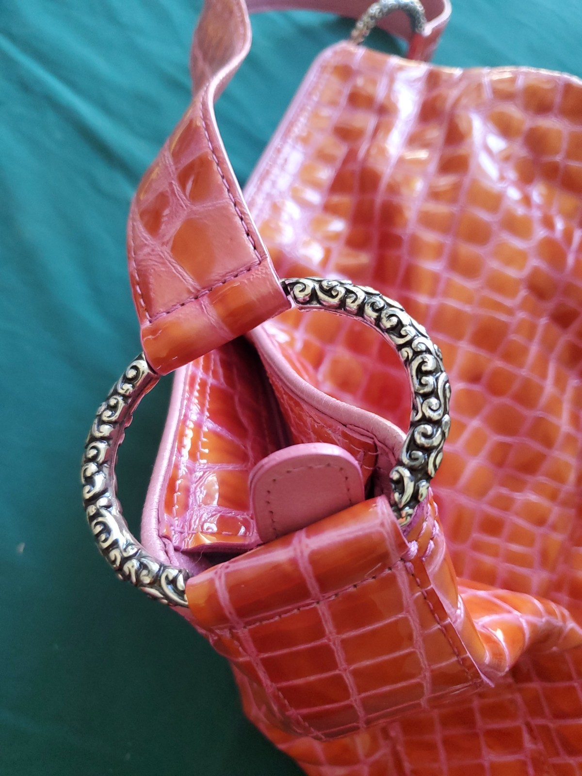 Brighton Cher Pink Patent Croc Shoulder Bag Silver Hardware Heart Pull
