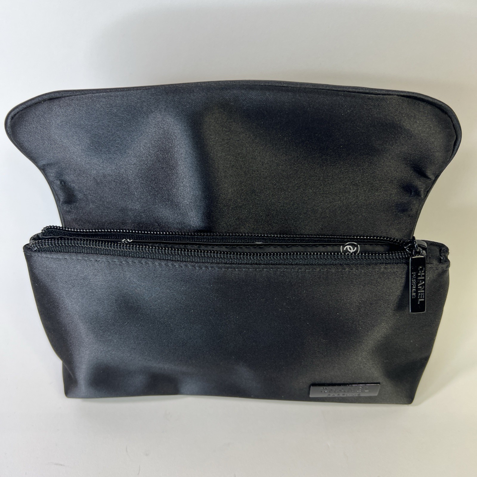 Chanel Parfums Black Satin Limited Edition Poly-Satin Zip & Flap Bag/Clutch