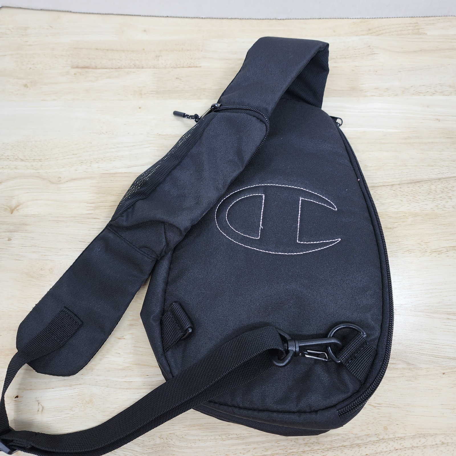 Champion Sling Bag Crossbody Backpack Black Pink Logo Athletic Travel Vacation