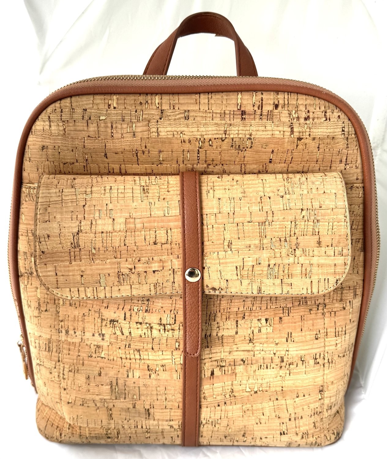Miztique Women’s Cork Backpack Purse Natural Vegan Leather Brown Trim Medium