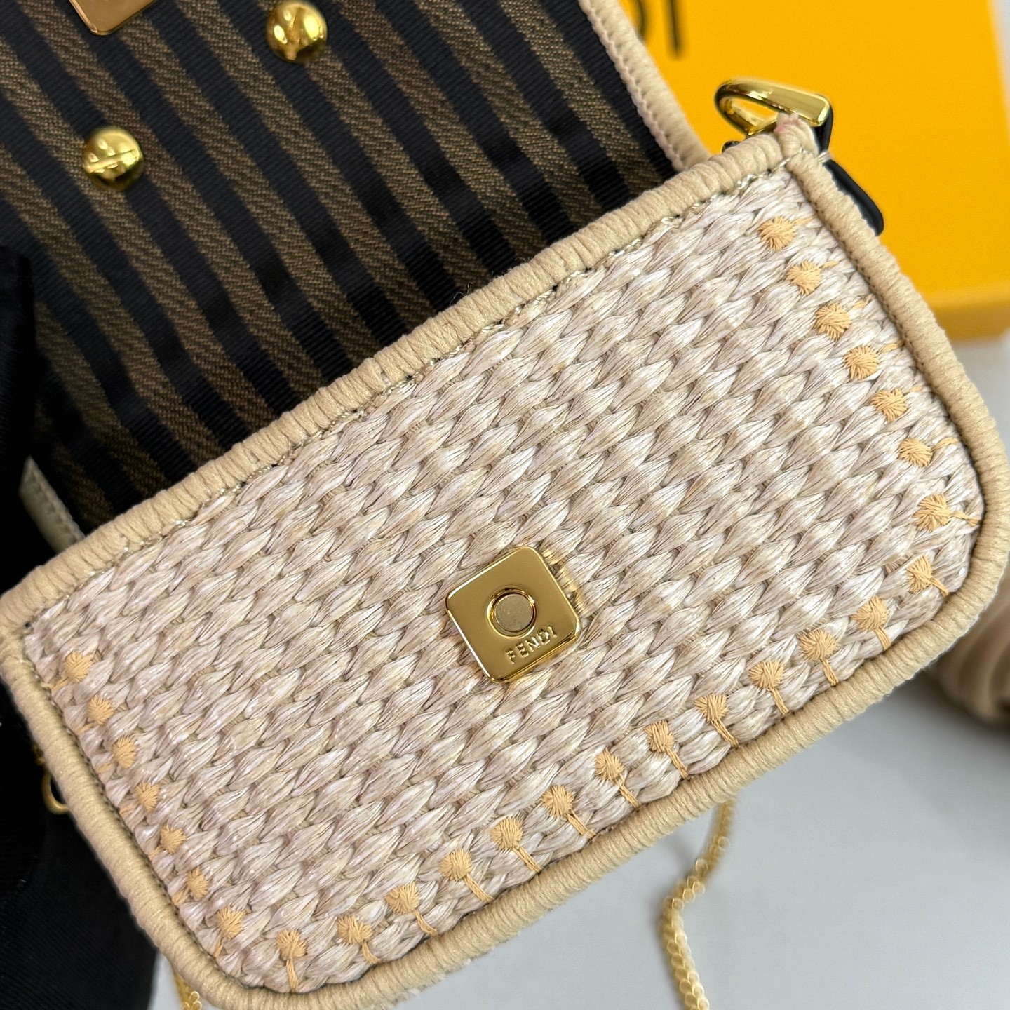 Fendi Nano Baguette Raffia Mini Crossbody Bag Beige Woven Leather Gold Chain