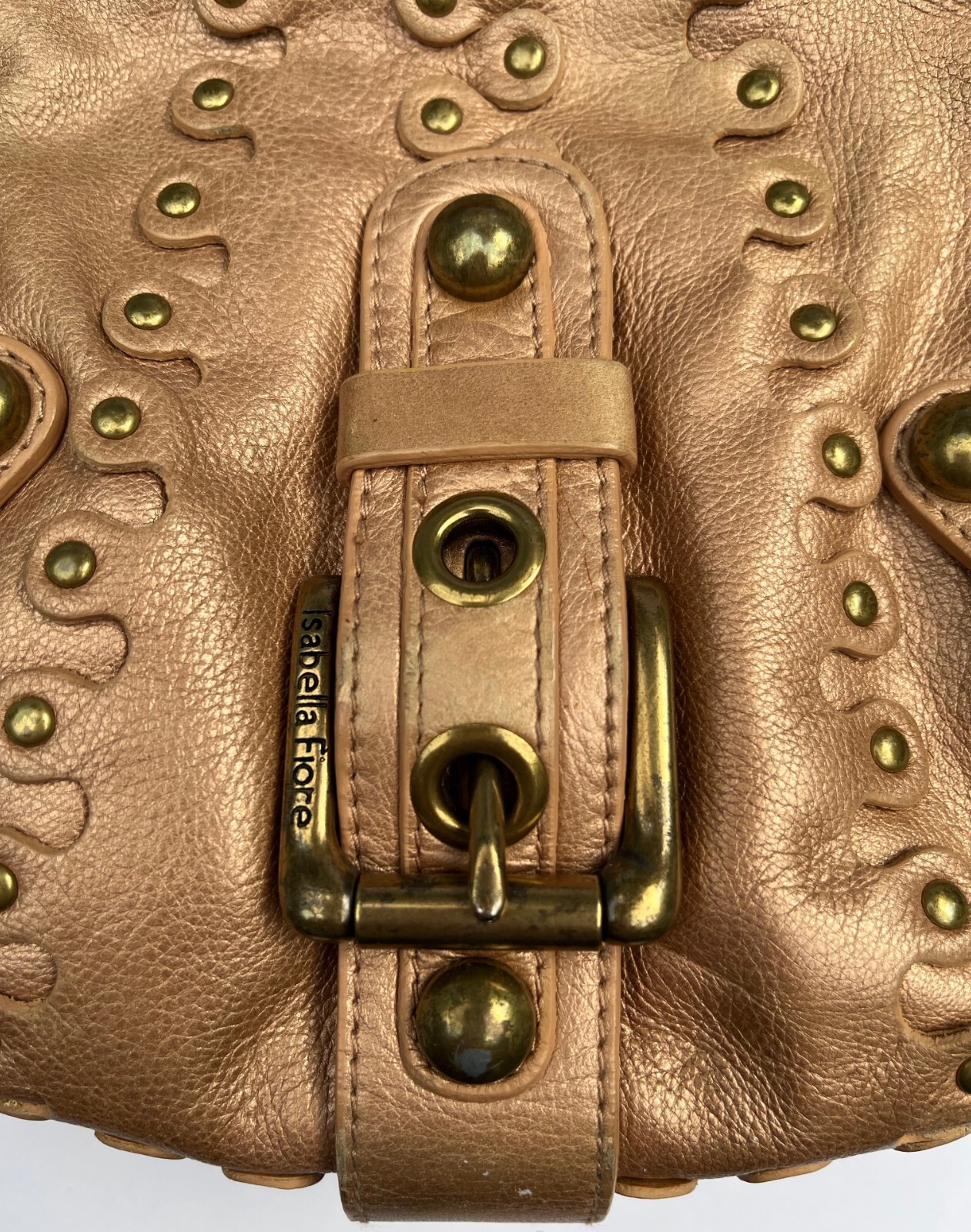 Isabella Fiore Metallic Leather Studded Buckles Jane Hobo Shoulder Bag