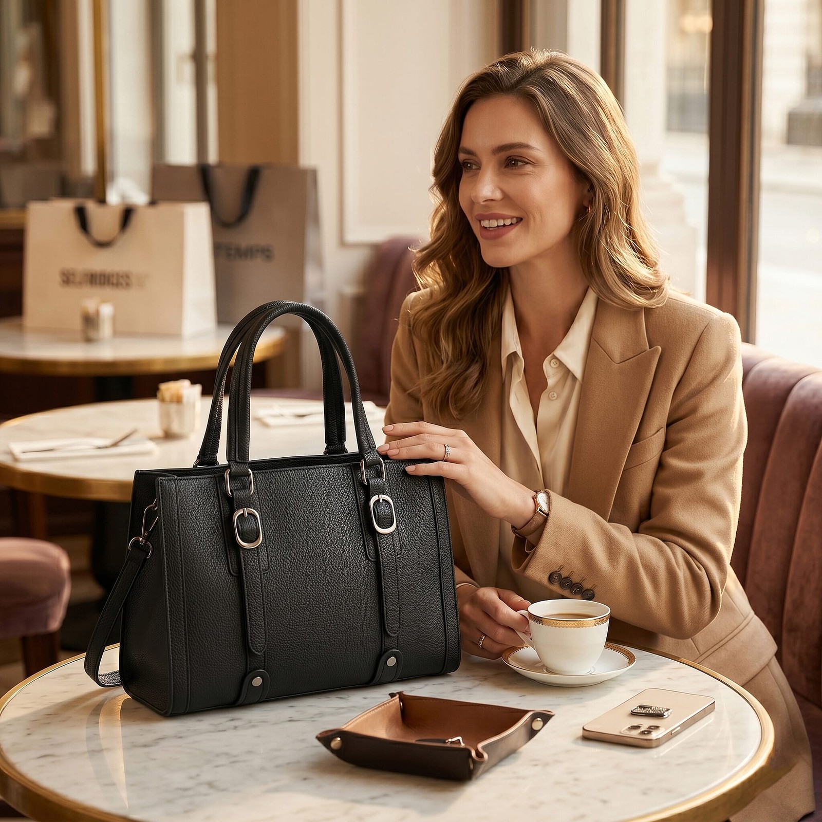 Black Herringbone Pattern Genuine Leather Crossbody Adjustable Shoulder Strap