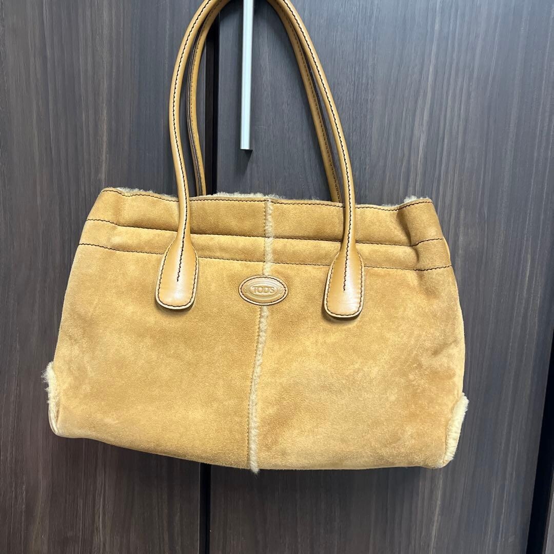 TODS Mouton Suede Tote Bag Brown Leather Double Handle Made in Italy 38cm