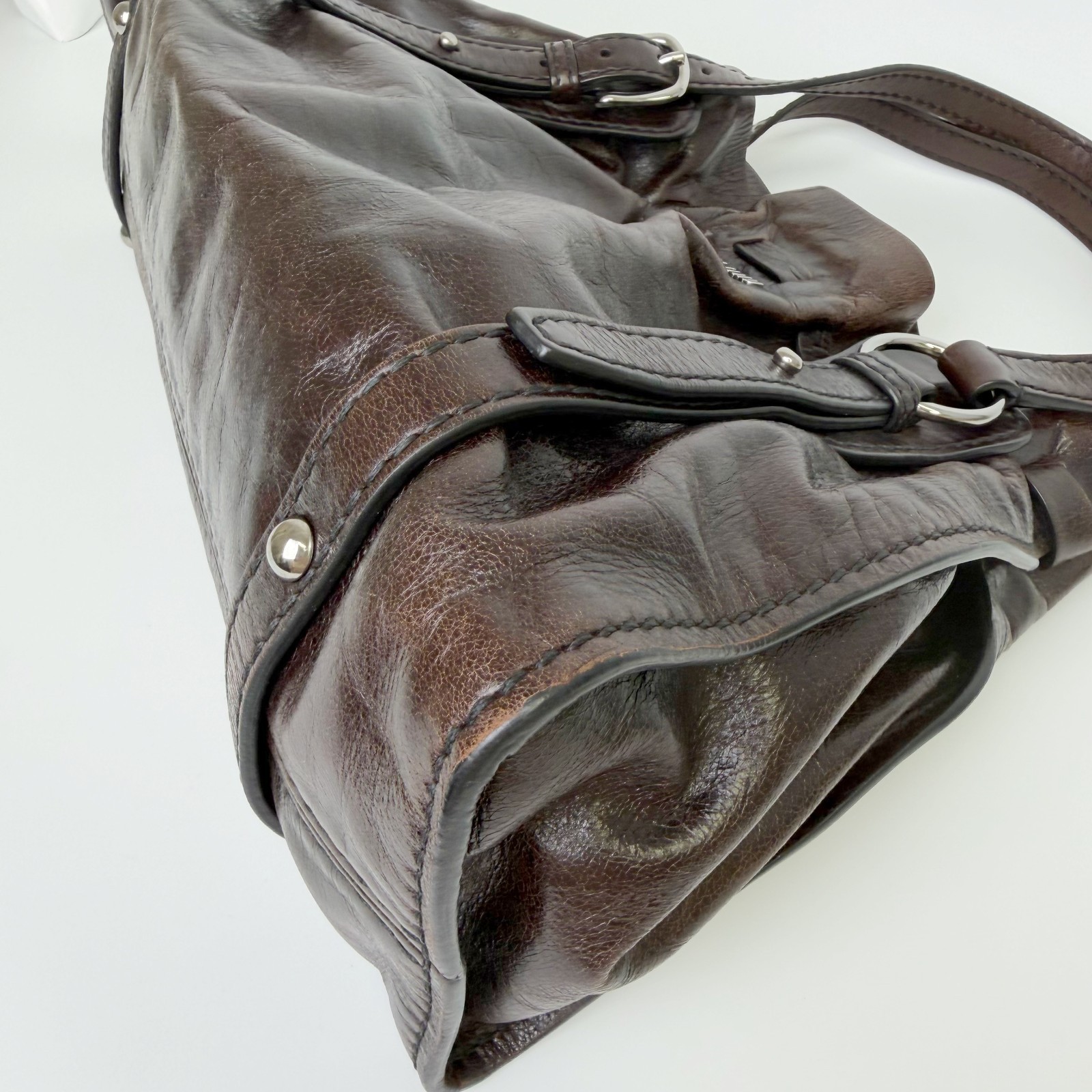 MIU MIU Vitello Lux Gathered Brown Leather Shoulder Handbag Vintage