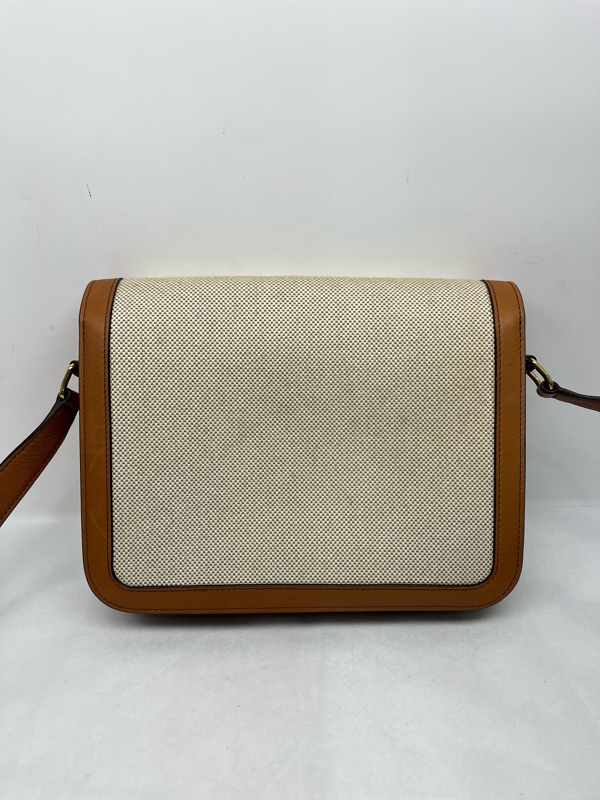 AUTH Celine Triomphe Beige Canvas&Tan Calfskin Crossbody Bag Gold Tone Hardware