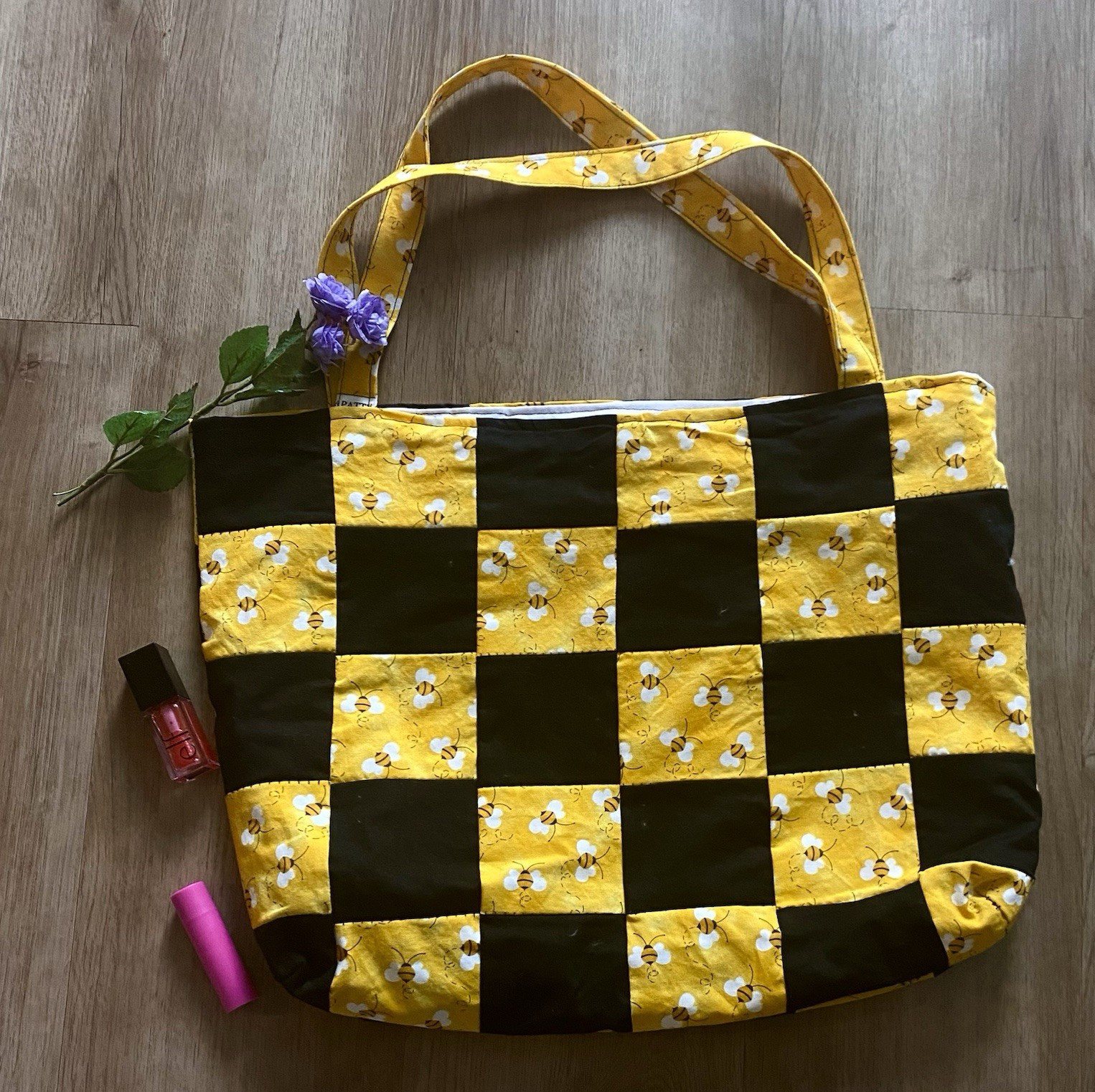 Handmade Yellow Black Bee Patchwork Tote Bag Lined Inner Pocket