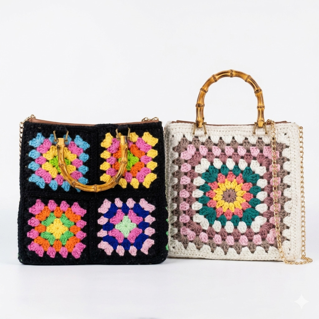 Handmade Crochet Granny Square Tote Bag Boho Knit Handbag Vintage Wooden Handle
