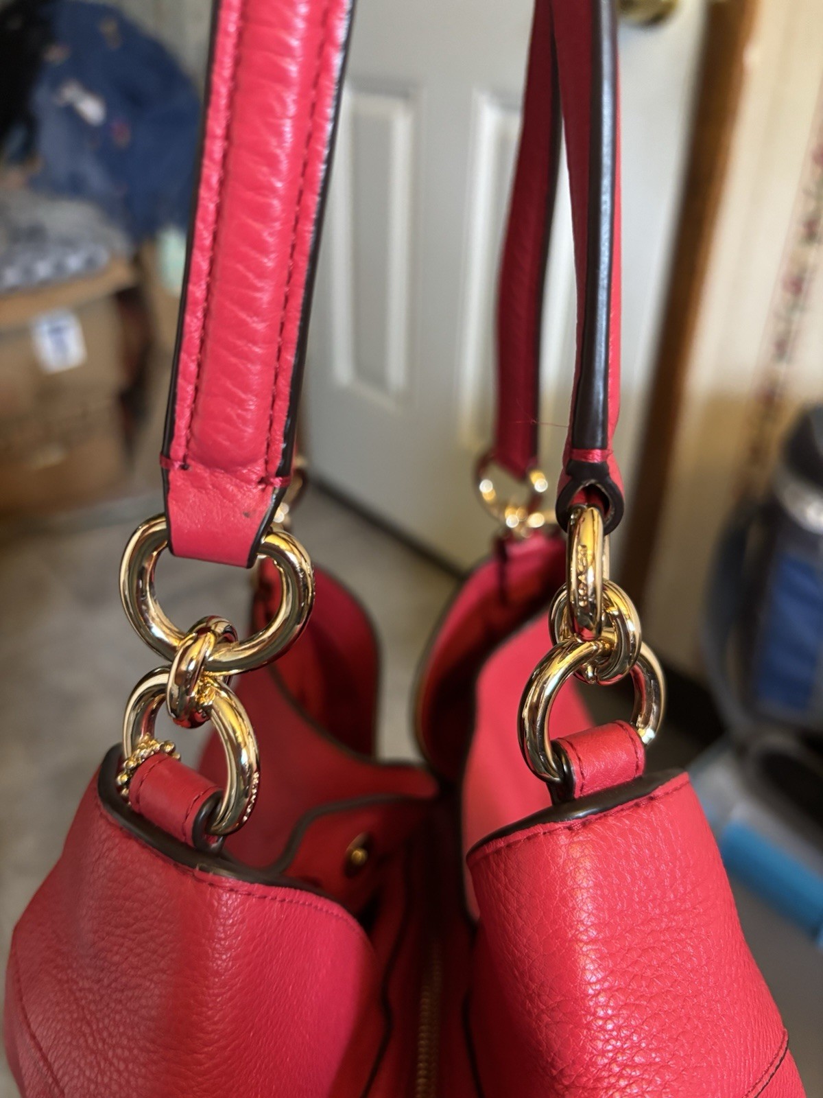 Coach Lexy Shoulder Purse Pebbled Leather Vibrant Raspberry Mint