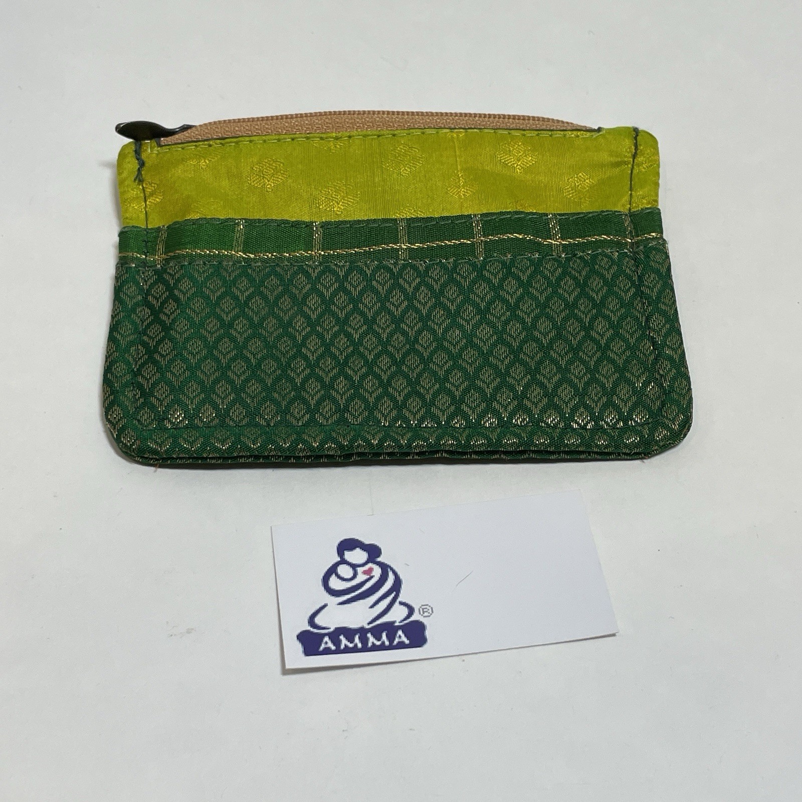 Silk Coin Purse, Amma, India Lined Zipper Wallet Lipstick Fabric Gift Bag, Lime