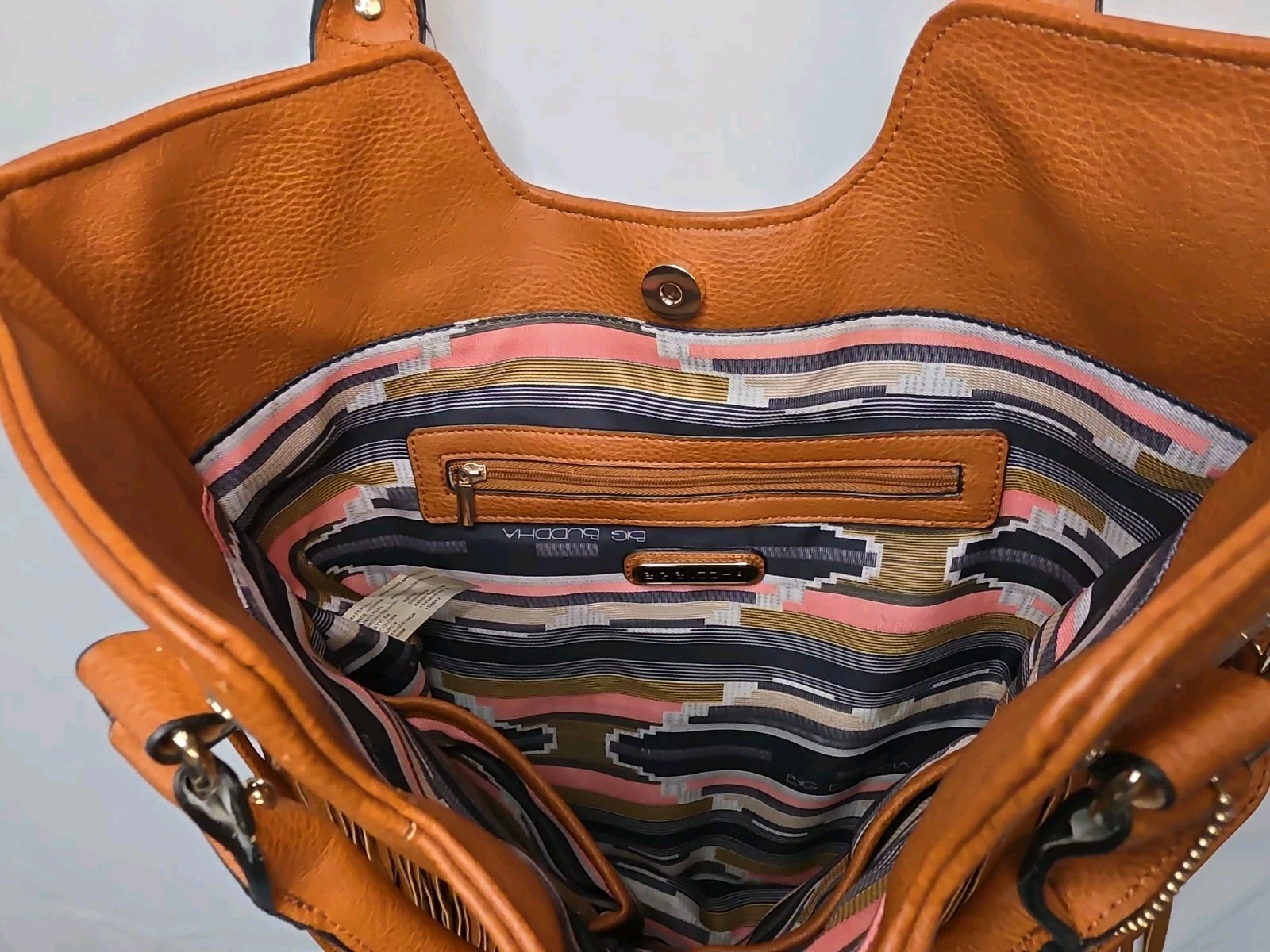 Big Buddha Fringe Shoulder Bag Purse Cognac Brown Faux Leather Gold Western