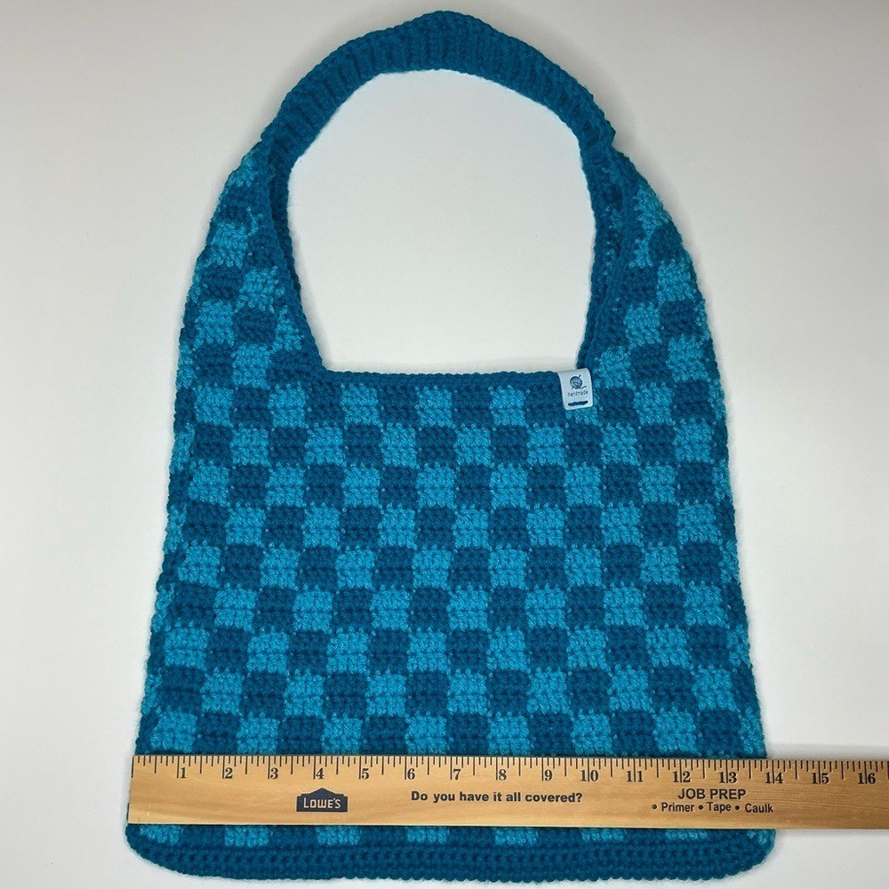 Handmade Sapphire & Cyan Blue Checker Checkerboard Crochet Shoulder Tote Bag