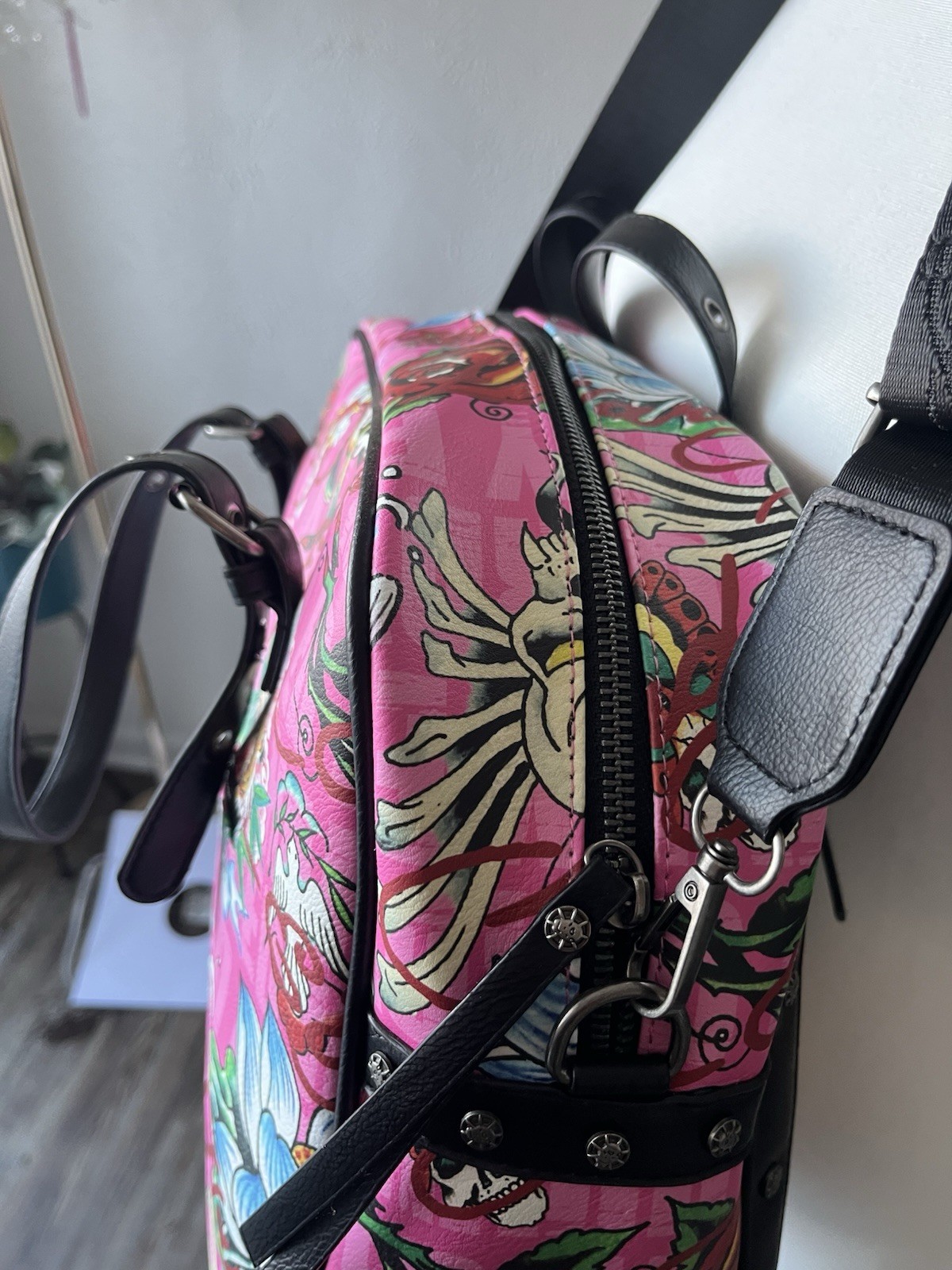 Ed Hardy Pink Tattoo Satchel Bag with Studded, Embroidered & Crystal Accents