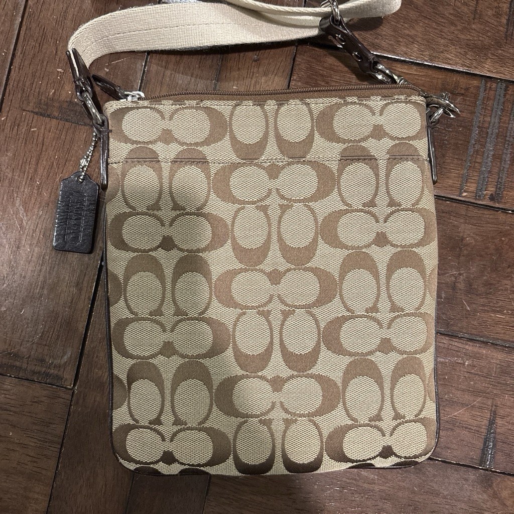 Coach Signature Logo Small Crossbody Bag Beige/Brown Zip, Detachable Strap
