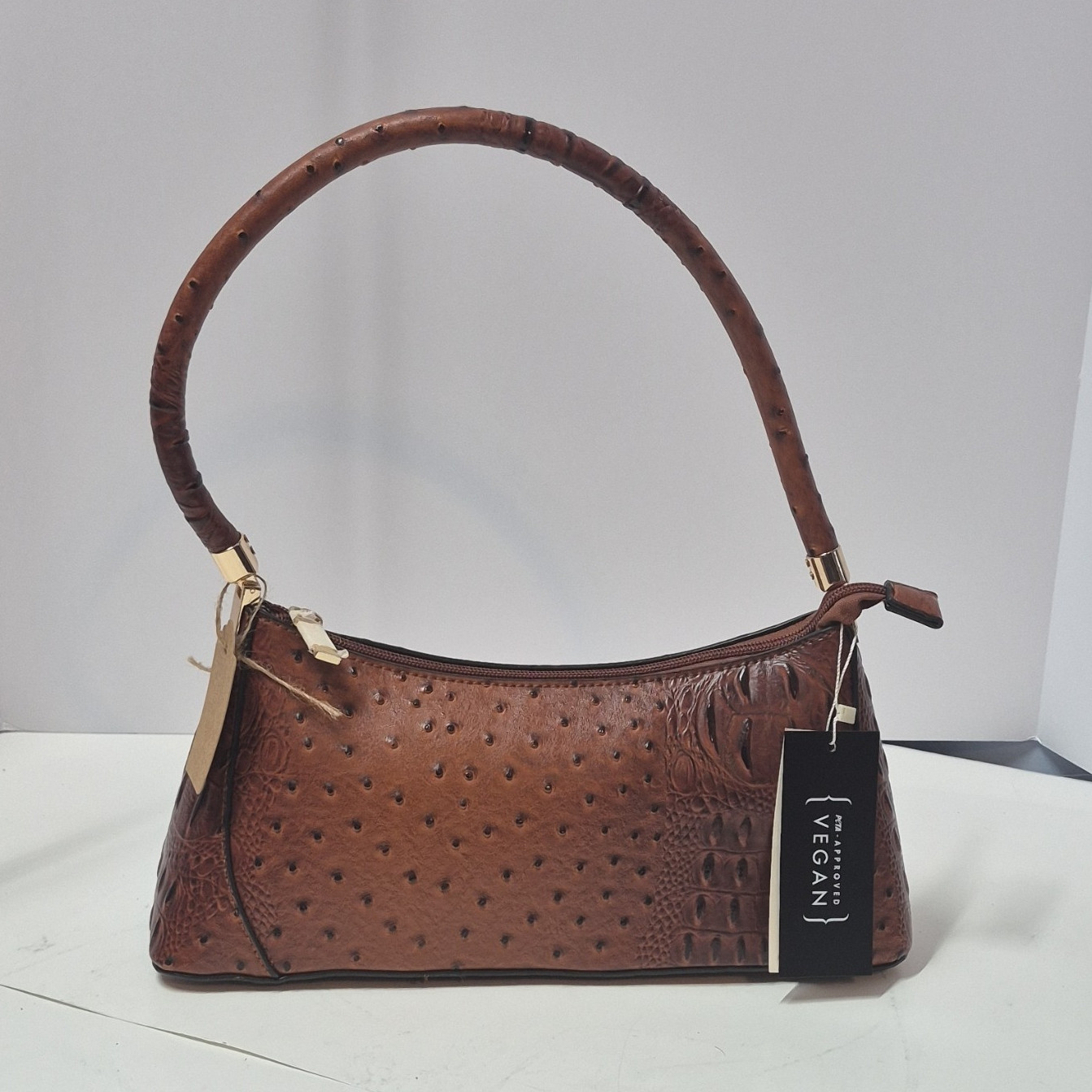 Le Miel Brown Embossed Animal Print Shoulder Bag Zip Top Gold Hardware