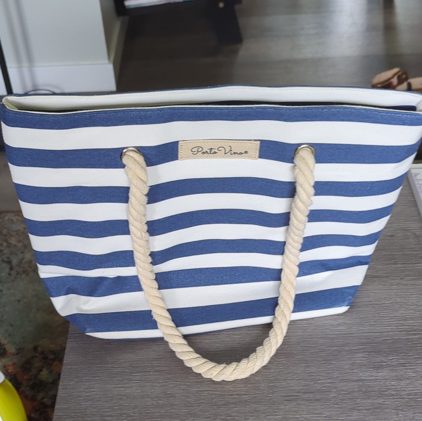 PortoVino Blue/White Striped Large Tote Rope Handles Magnetic, Lined, Pouch
