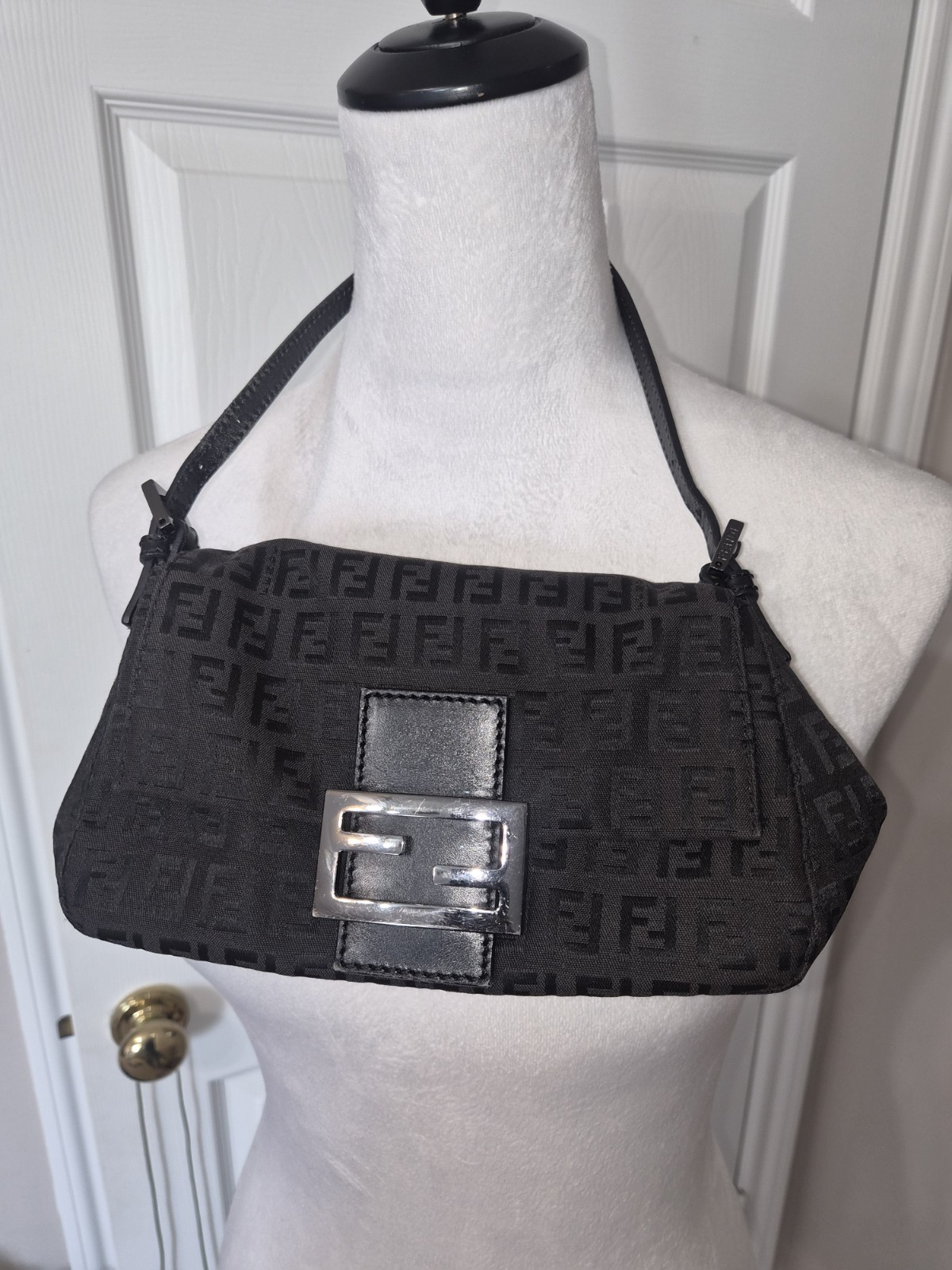 Authentic FENDI Zucchino Mamma Baguette Shoulder Bag Canvas Leather Black 3186J