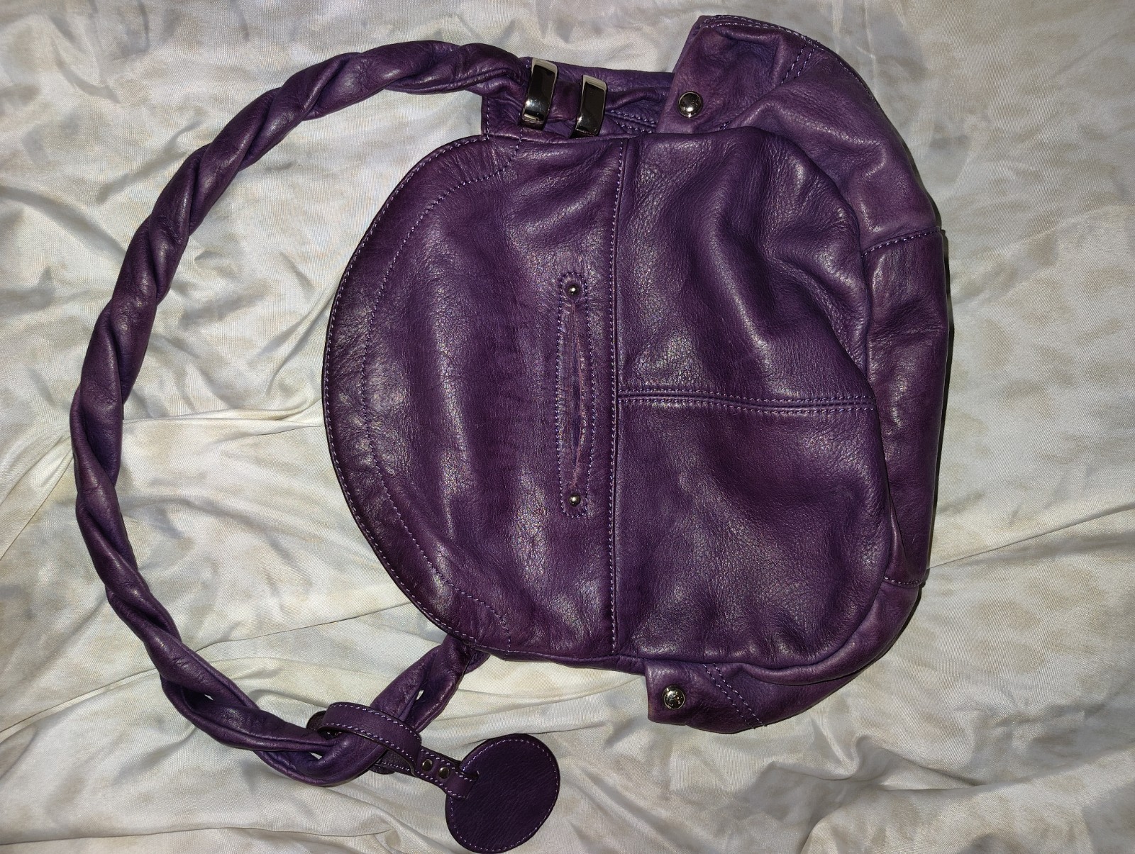 B. MAKOWSKI Purple LEATHER PURSE with Leopard Print Lining and Braided Handle