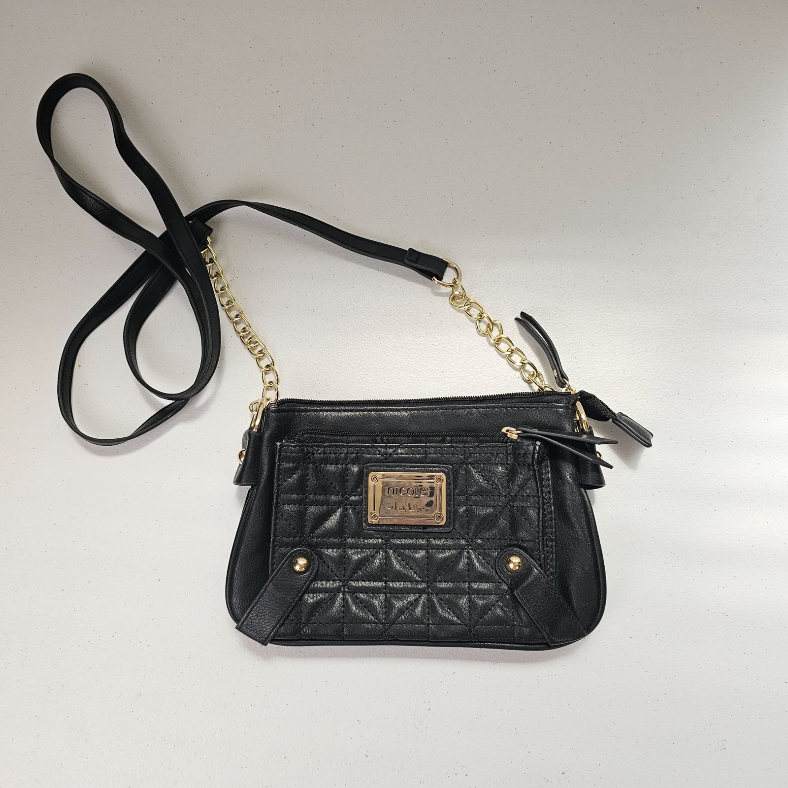 Nicole Miller Crossbody Bag Black Quilted Faux Leather Gold Chain Strap