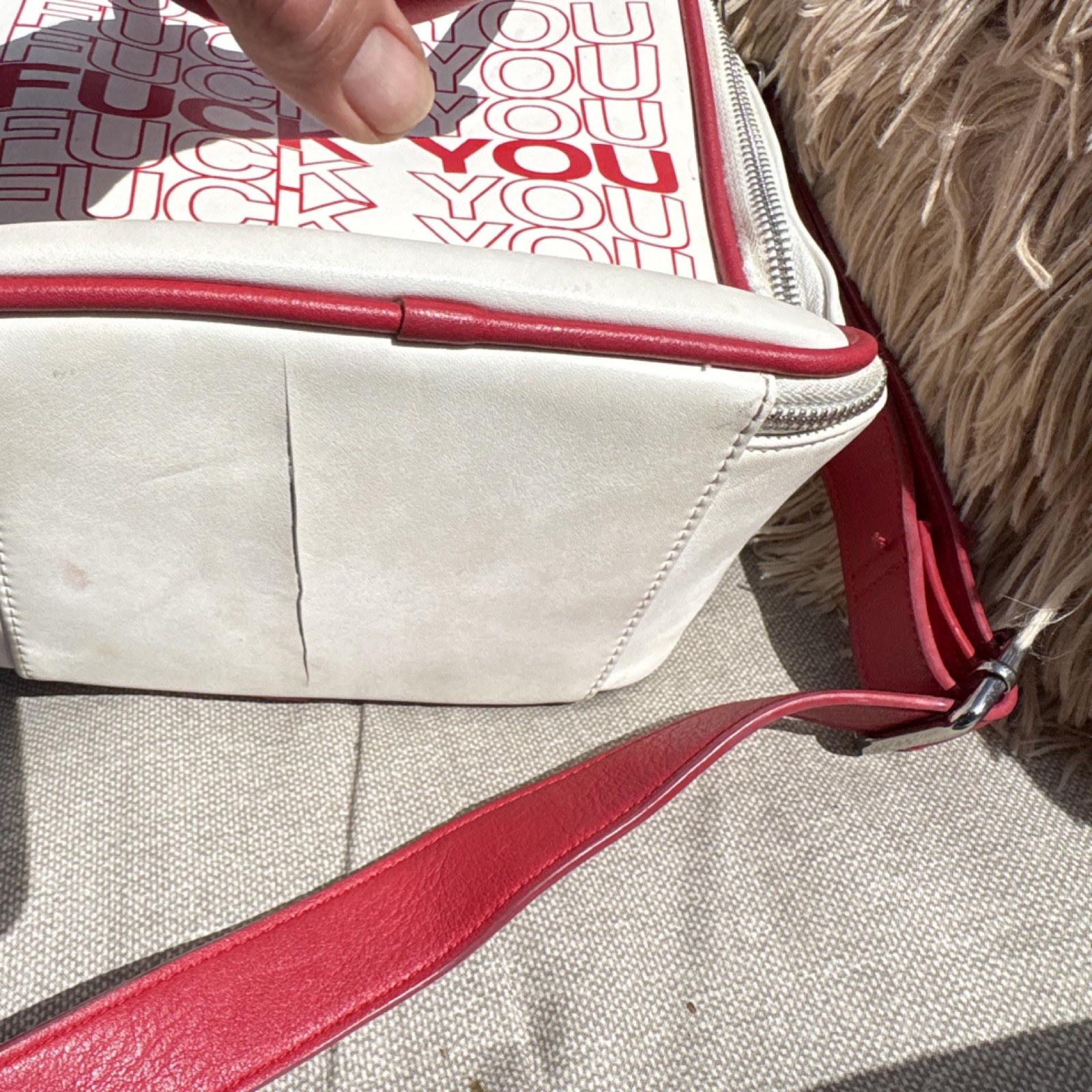 Current Mood White Red Text Print Top Handle Bag Zip Closure Women