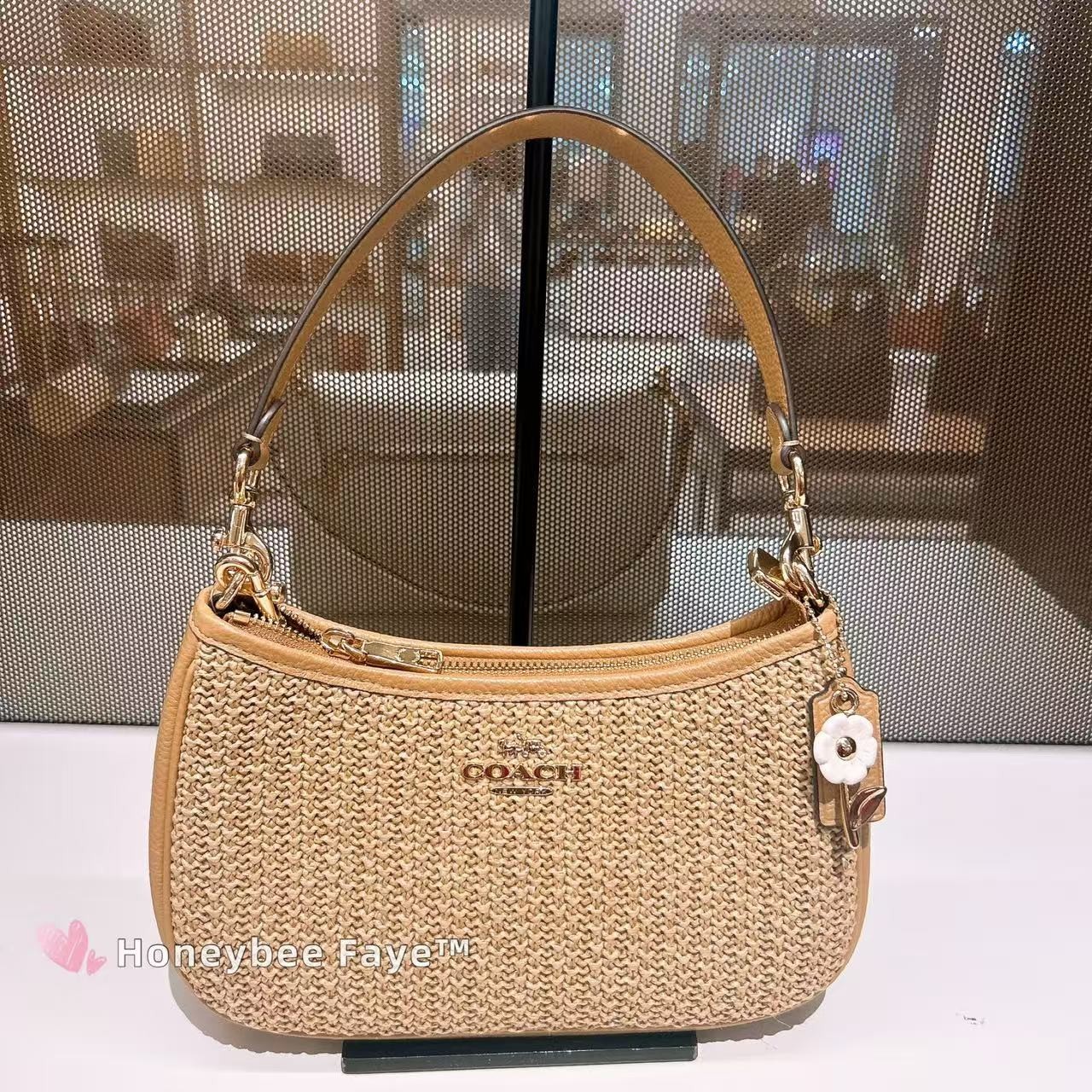 NWT Coach Straw Teri Shoulder Bag With Charm CEC43 Im/ Toast (regular Size)